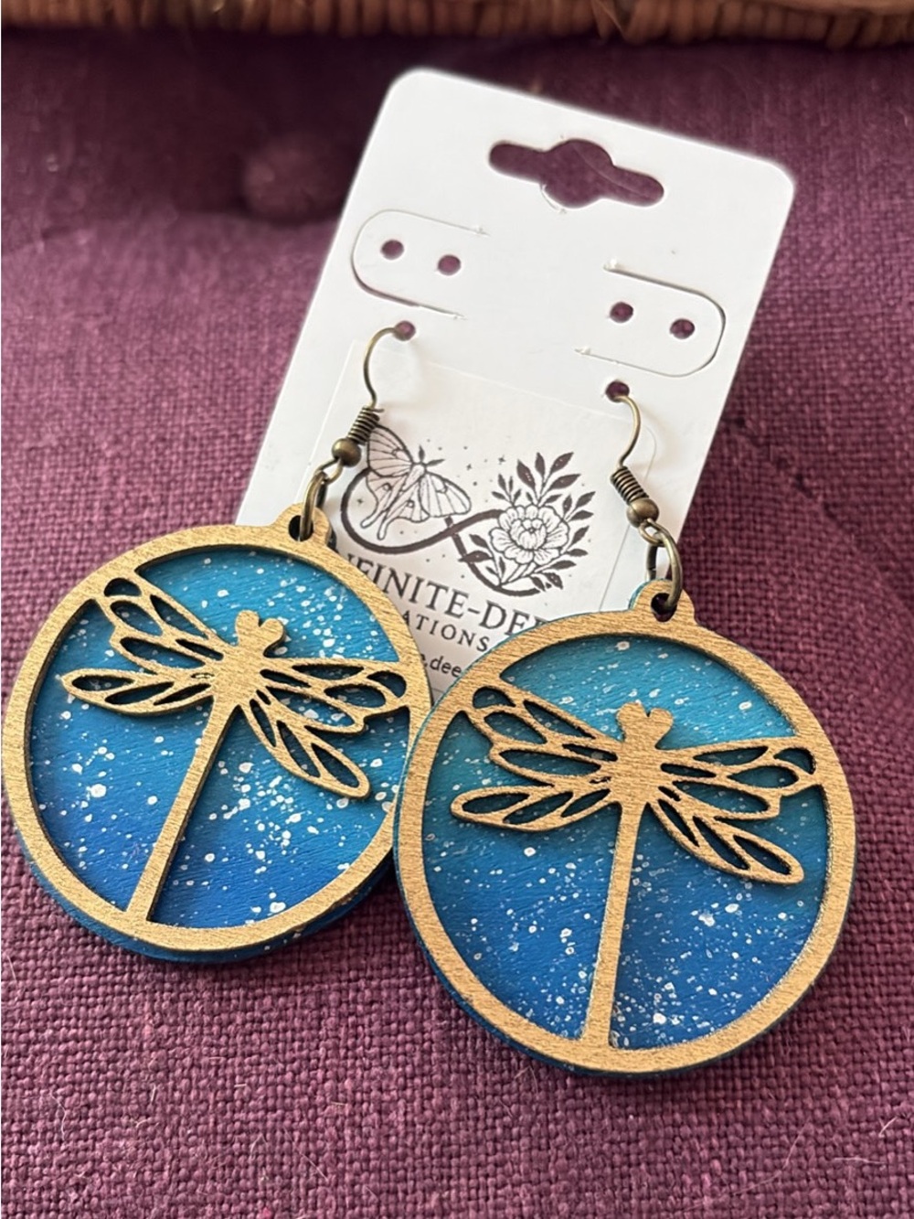 Handcrafted Blue Dragonfly Wood Drop Earrings by